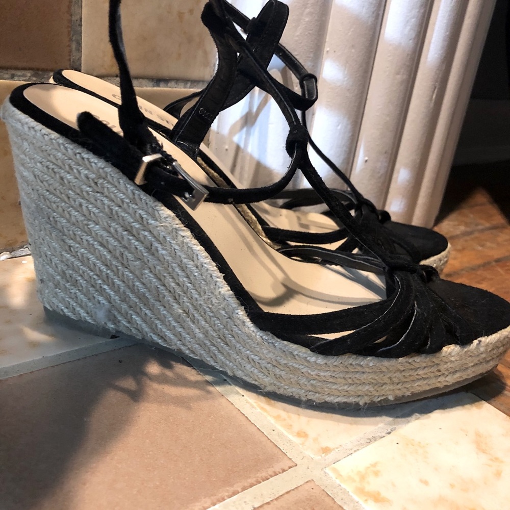 Black Strappy Suede Open Toe Espadrille Heels
